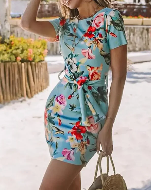 

Женское винтажное платье с коротким рукавом, повседневное офисное платье мини на шнуровке с цветочным принтом и поясом, лето 2022