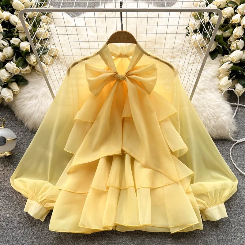 DEAT женская шифоновая рубашка с бантом тонкая оборками новый стиль длинный рукав