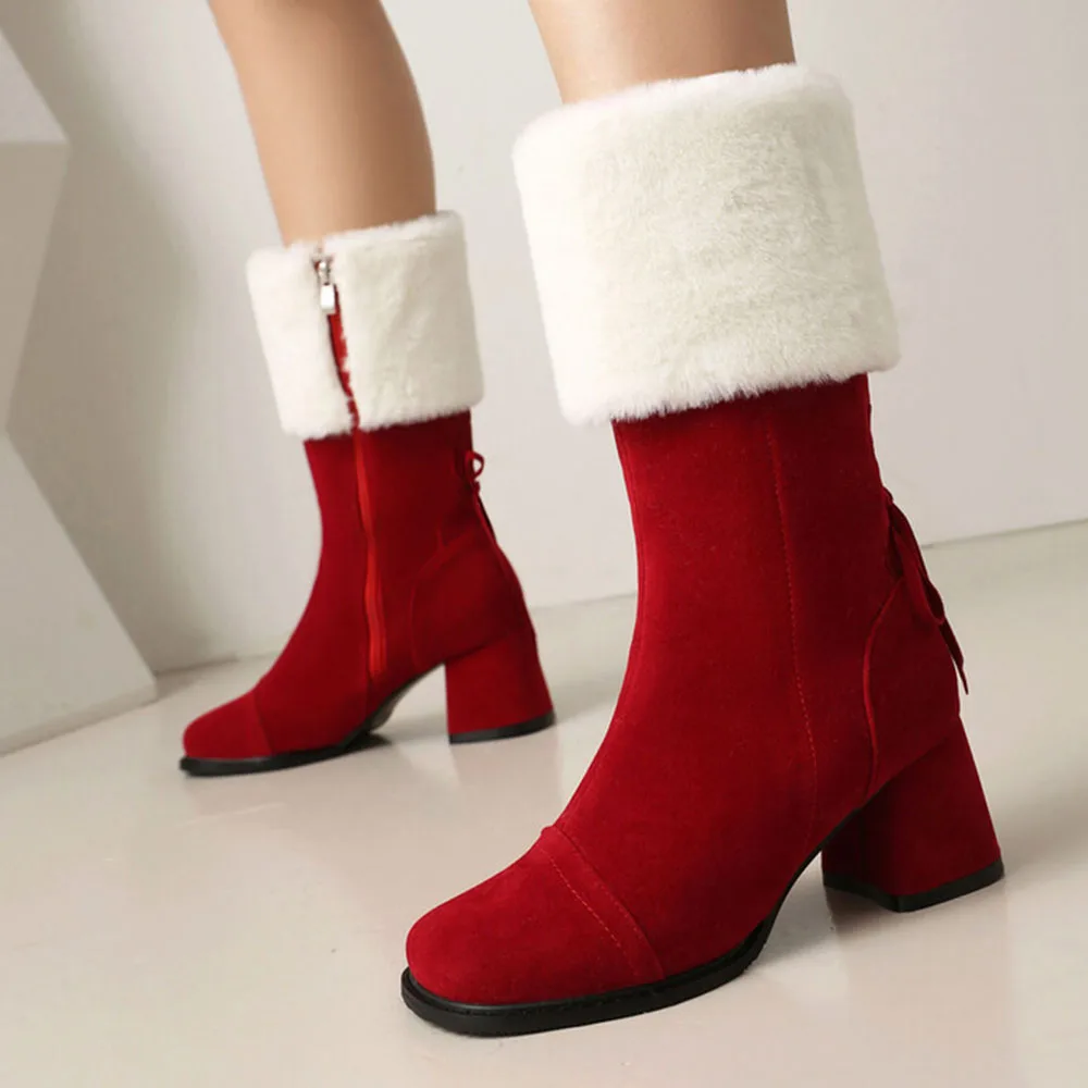 GIGIFOX Хутряные зимние теплые ботинки из флока на массивном высоком каблуке с