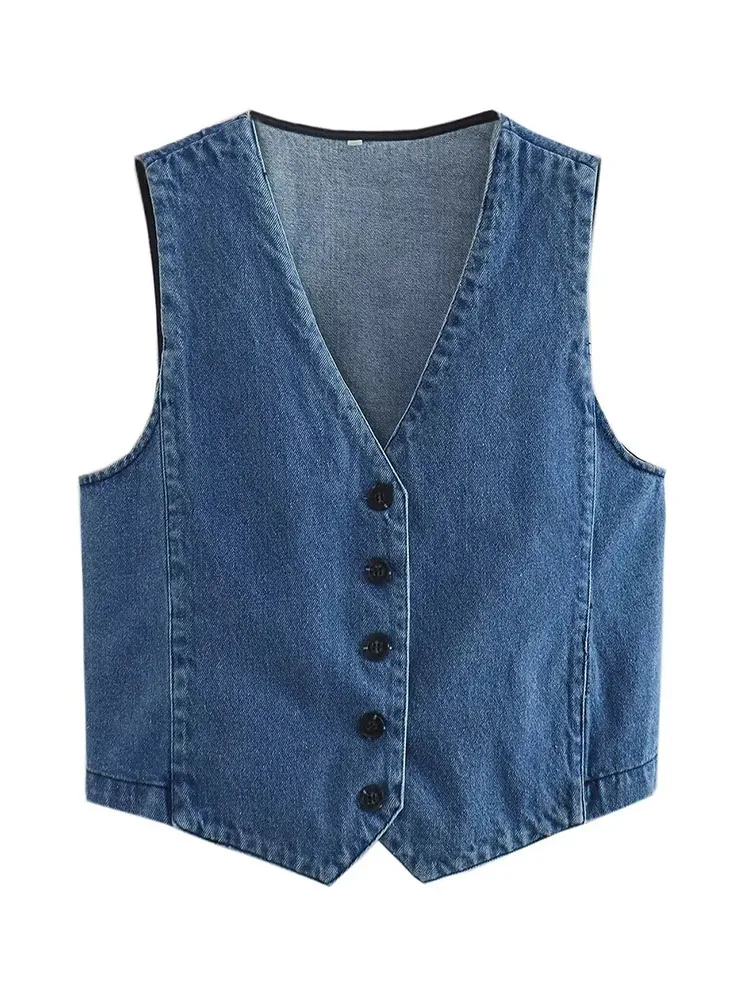 

TRAF 2023 summer new women's fashion front button denim vest retro V-neck sleeveless jacket chic vest top