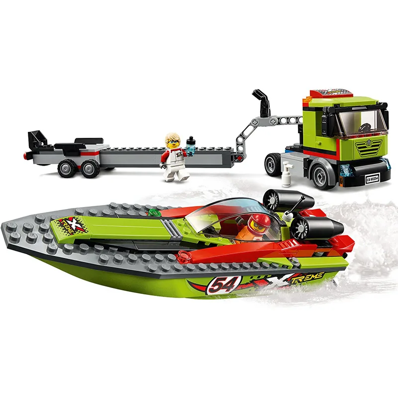 

City Series Race Boat Transporter Legoingsly Building Brick Block DIY Toys Boys Birthday Holiday Xmas Gift