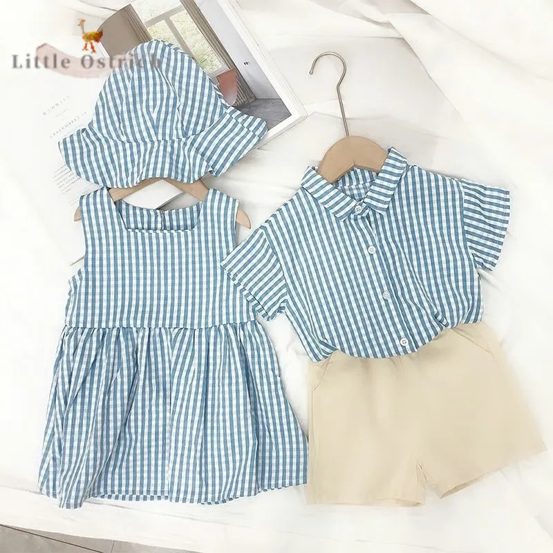 

Хлопковый комплект в полоску для маленьких девочек и мальчиков, рубашка с коротким рукавом, короткое платье, шапочка, Детский костюм, летний...