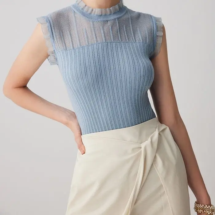 

New Summer Vintage Elegant Casual Shirts Women Solid Sleeveless Blouse Lady Mesh Knit Tank Tops Loose Shirt