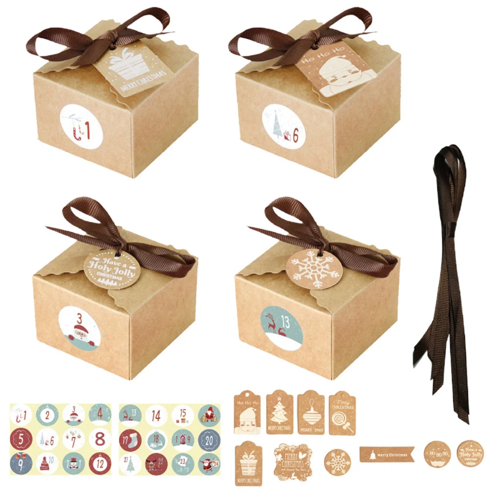 

1 Set Christmas Kraft Paper Boxes With Ribbons Gift Tags Stickers Present Packaging Box Cakes Cookie Candy Box For Christmas