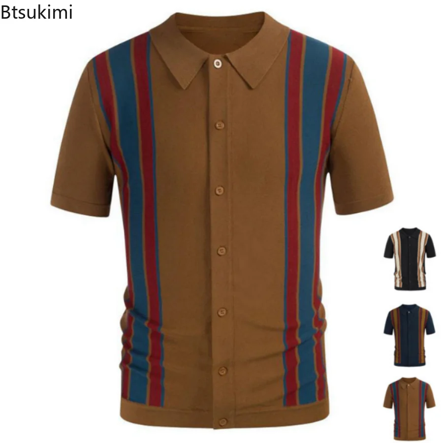 

Мужские летние повседневные трикотажные рубашки 2023, британские ретро полосатые Лоскутные Деловые женские топы с коротким рукавом, мужские рубашки