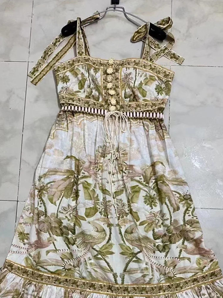 

Designer Retro Print Sexy Leaky Shoulder Tube Top High Waist Strap Sling Dress Ladies New Fashion Loose Swing Puff Skirt