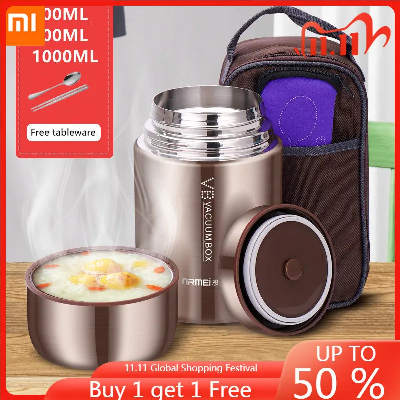 XIAOMI Food Thermal Jar Soup Gruel Stainless Steel Vacuum Lunch Box Office Insulated Thermos Containers Spoon Bag 600/800/1000ML