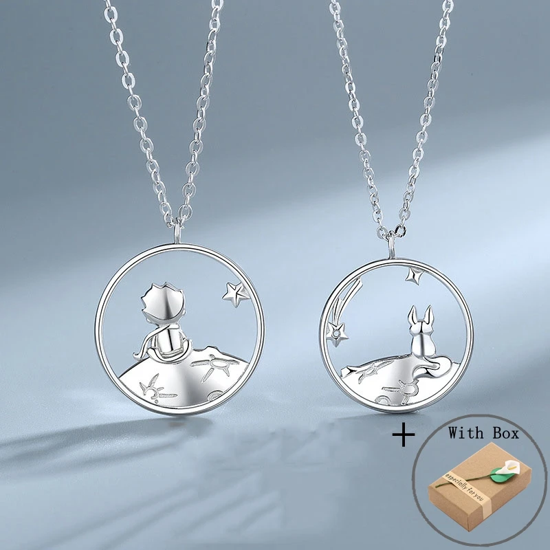Silvology Real 925 Sterling Silver Little Prince and The Fox Couple Pendant Necklace for Women Men Valentines Day Jewelry Gift
