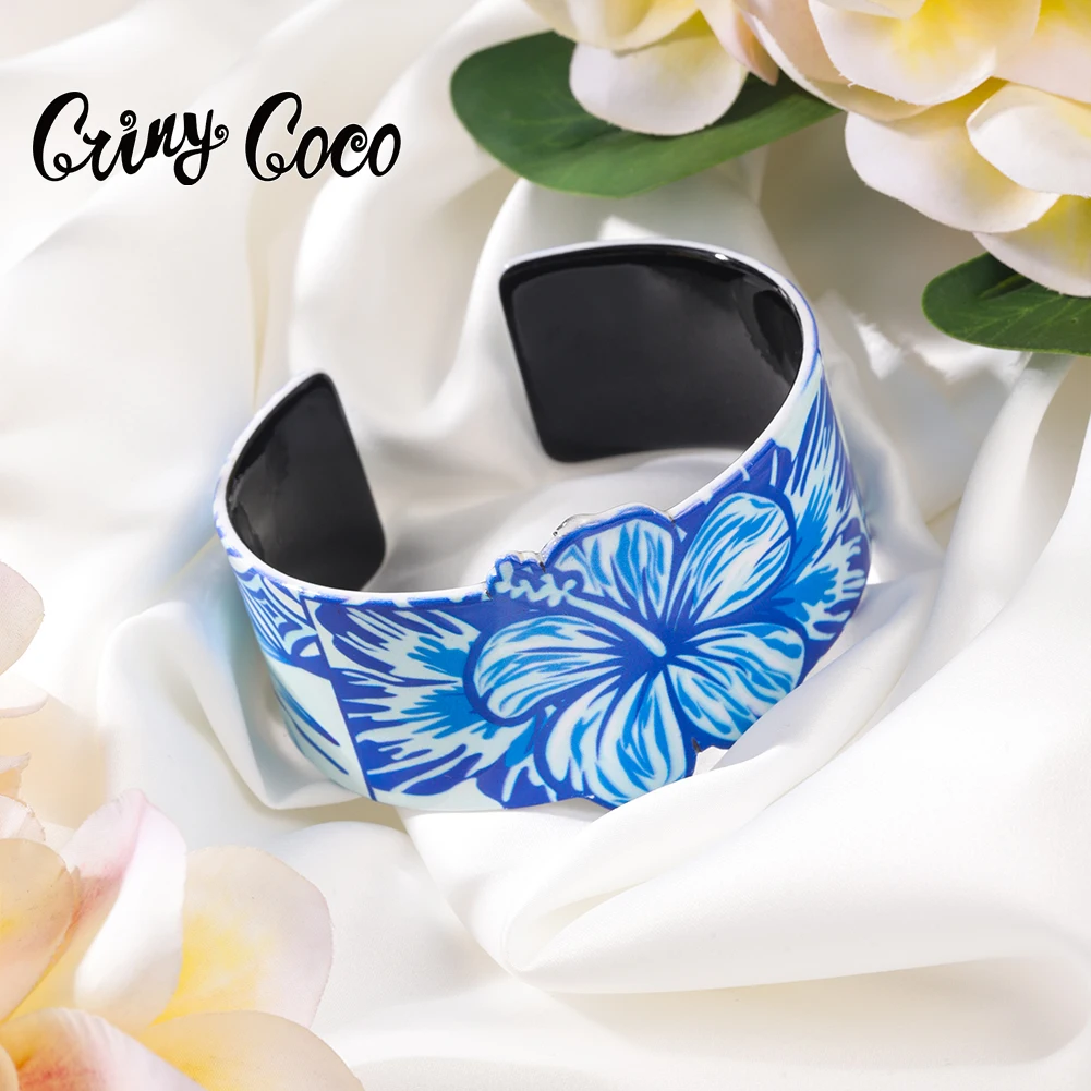 

Cring Coco New Designer Woman Bracelet Jewelry Hawaiian Polynesian Hibiscus Flowers Bangles Acrylic Bracelets Bracelet for Women