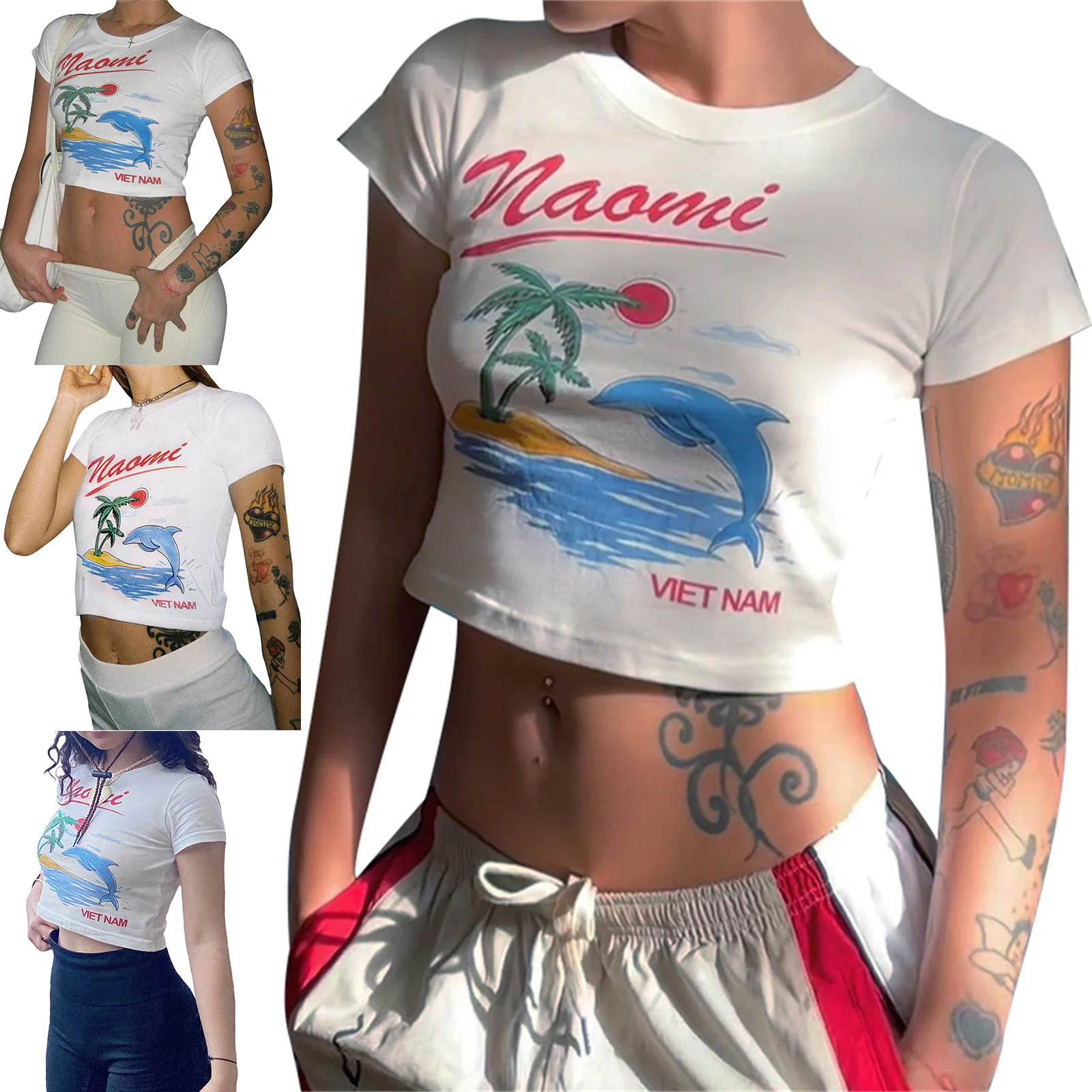 

Women's 90s Crew Neck Slim Fit Tee T Shirt White Short Sleeve O Neck Letter Beach Print Summer Slim Crop Tops Streetwear new