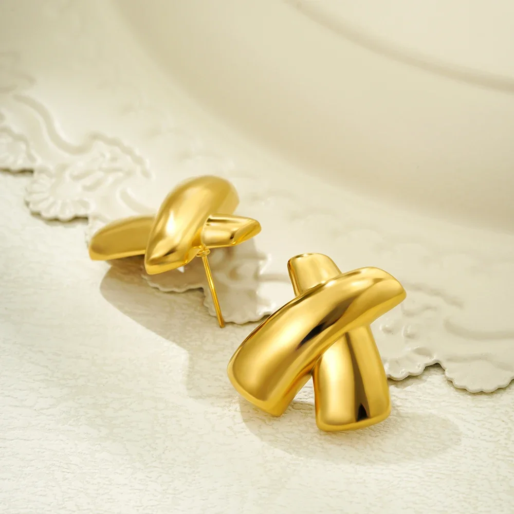 Punk Gold Color Smooth Cross Chunky Earrings for Women Thick X-shape Lightweight Statement Drop Earring Fashion Jewelry Gifts