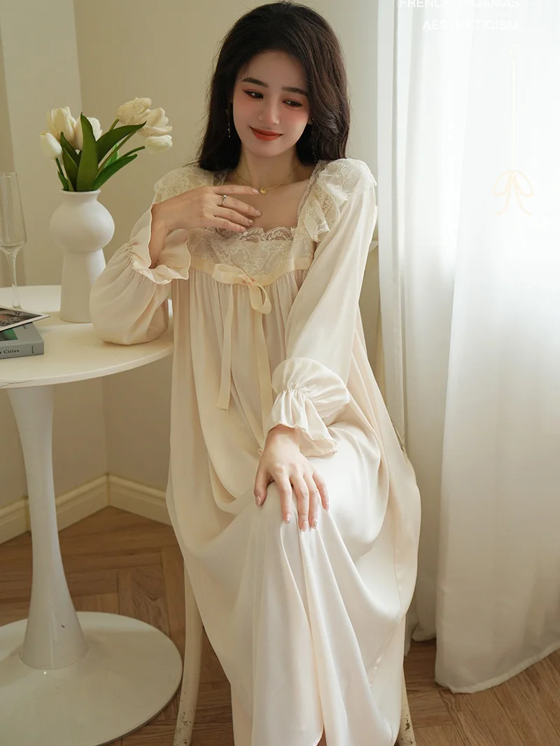 Women Lady French Victorian Silk Vintage Night Dress Sleepwear Fairy Pajama Loose Lace Square Collar Ruffles Princess Nightgowns
