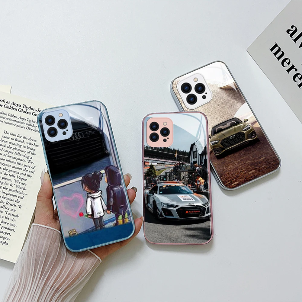 

Fashion Sport Audi Logo RS Sport Car Metallic-Color Phone Case For iPhone 14 13 12 Mini 11 Pro Max X XS XR Plus Glass Hard Cover