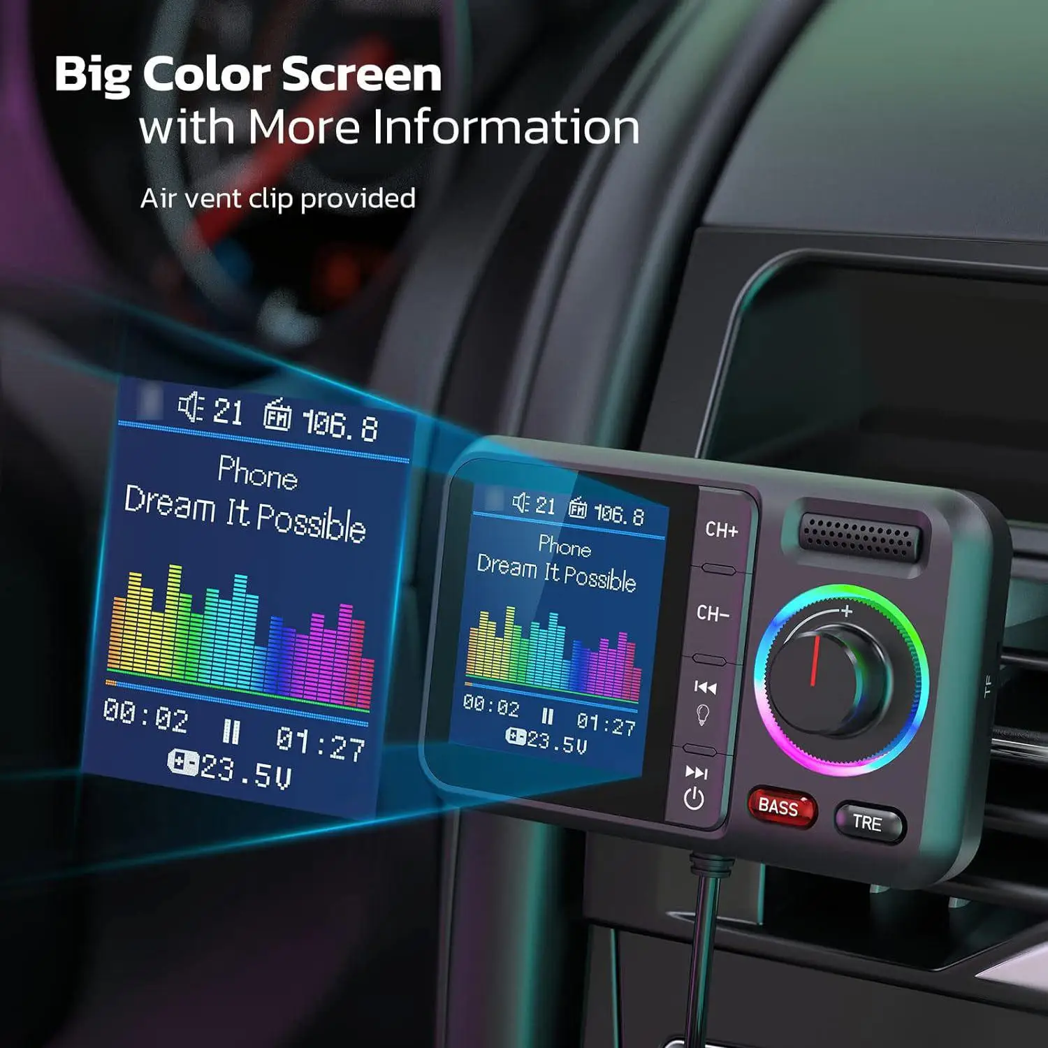 Фото BT98 Автомобильный Bluetooth MP3-плеер, зарядное устройство прикуривателя, 1,5-дюймовый цветной экран, FM-передатчик, громкая связь, голосовой помощник №3