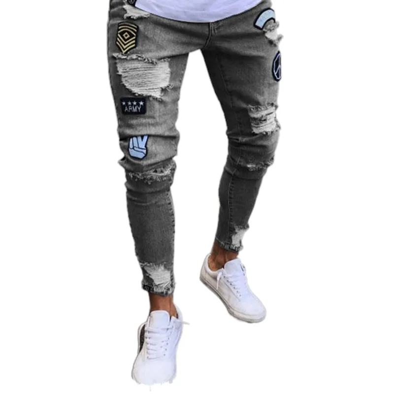 

Джинсы мужские зауженные, рваные мешковатые брюки из денима с завязкой на щиколотке, модная уличная одежда, брюки-карандаш с вышивкой и дырк...