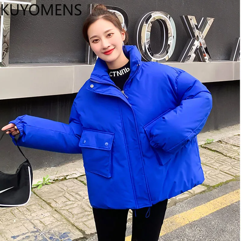 

2022 Korean loose Winter Coats Fashion Double Pocket Stand Collar Warm Thickened Zipper Drawstring Tooling Short Jackets Womens