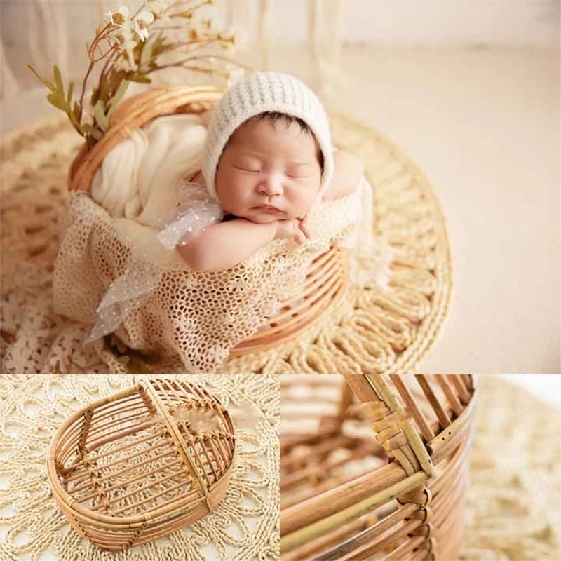 Newborn Baby Photography PropsNordic Vintage Rattan Crib Posing Bed Flower Hat Wrap Hollow Out Blanket Mat Photo Shooting Props