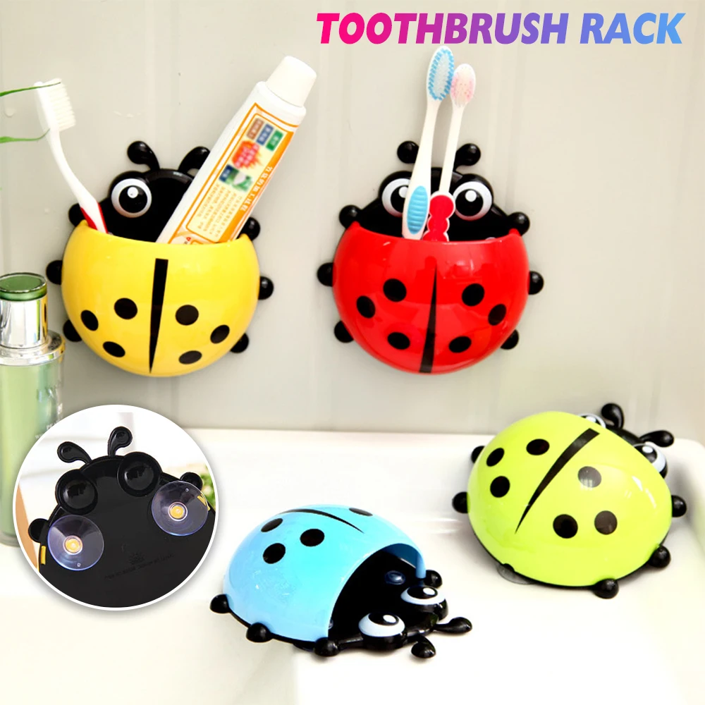 

Cute Ladybug Toothbrush Holder Toothpaste Box with Suction Cup Bathroom Wall Mounted Cartoon Insect Storage Rack Container