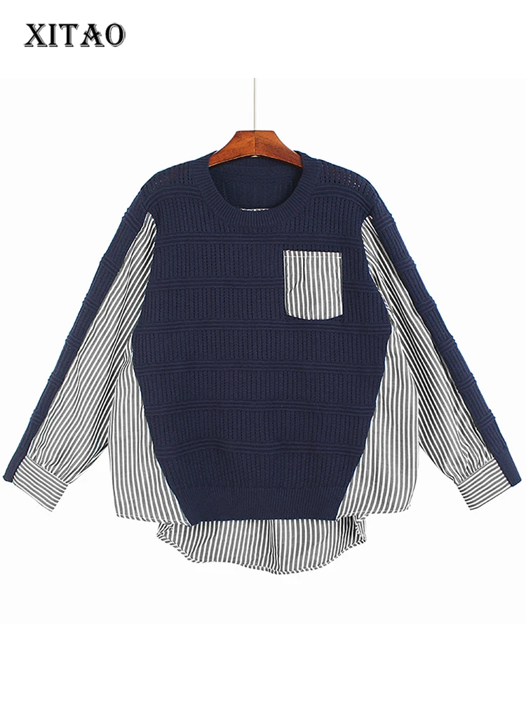 

XITAO Striped Irregular Knitted Sweater Fashion Irregular Small Fresh Full Sleeve 2022 Autumn Minority Loose Pocket ZY7892