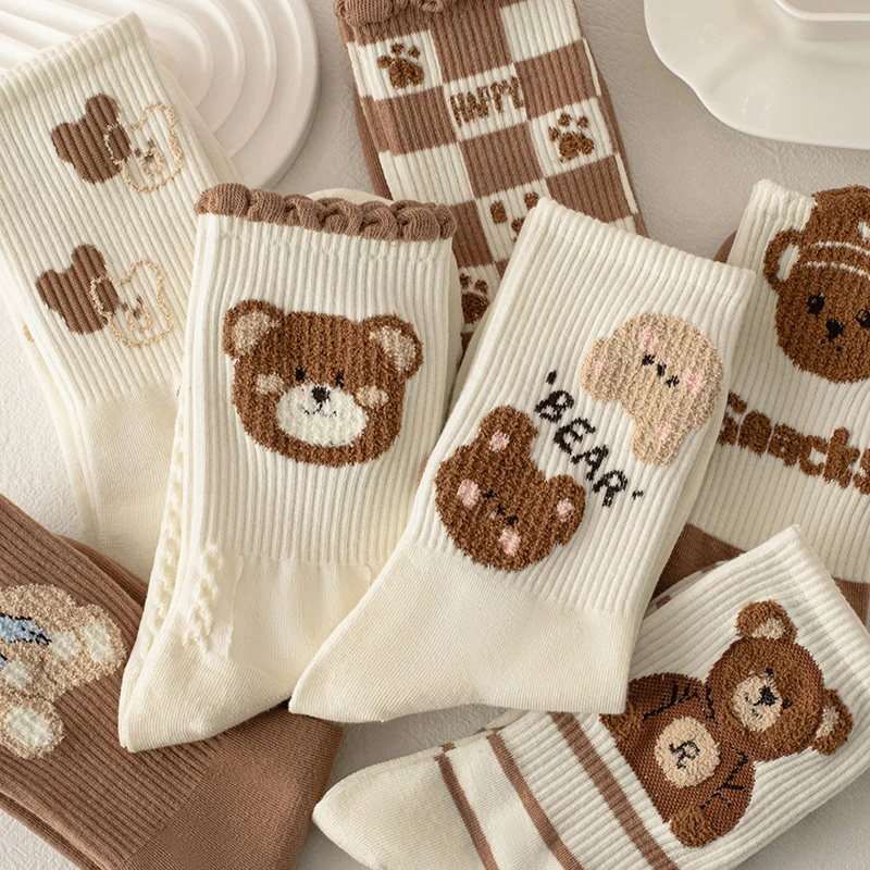 Fashion Skateboard Woman Socks Japan Harajuku Style Cartoon Creative Striped Bear Socks Kawaii Print Funny Girl Socks