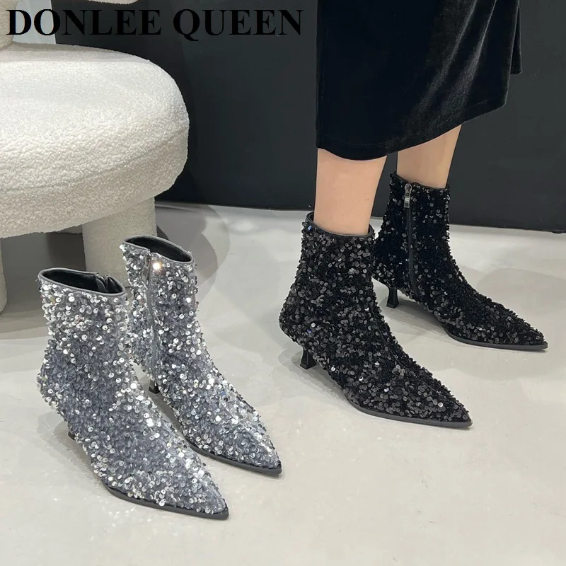 

Роскошная Брендовая женская обувь 2022, новинка, модные туфли-лодочки с острым носком на низком каблуке, вечерние строгие туфли с блестками, ...