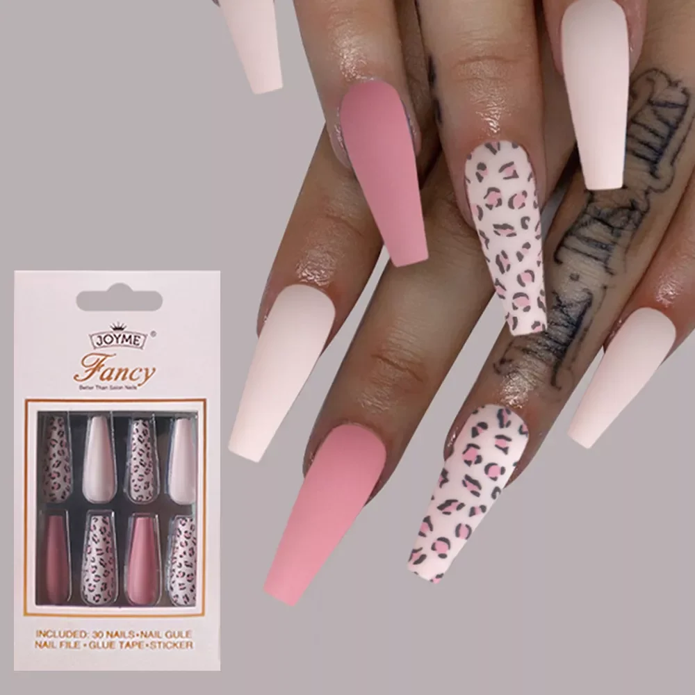 

24/30Pcs Pink Leopard Designs False Nails French Long Coffin Fake Nail Fashion Artificial Full Cover Nail Art Tips Press on Nail