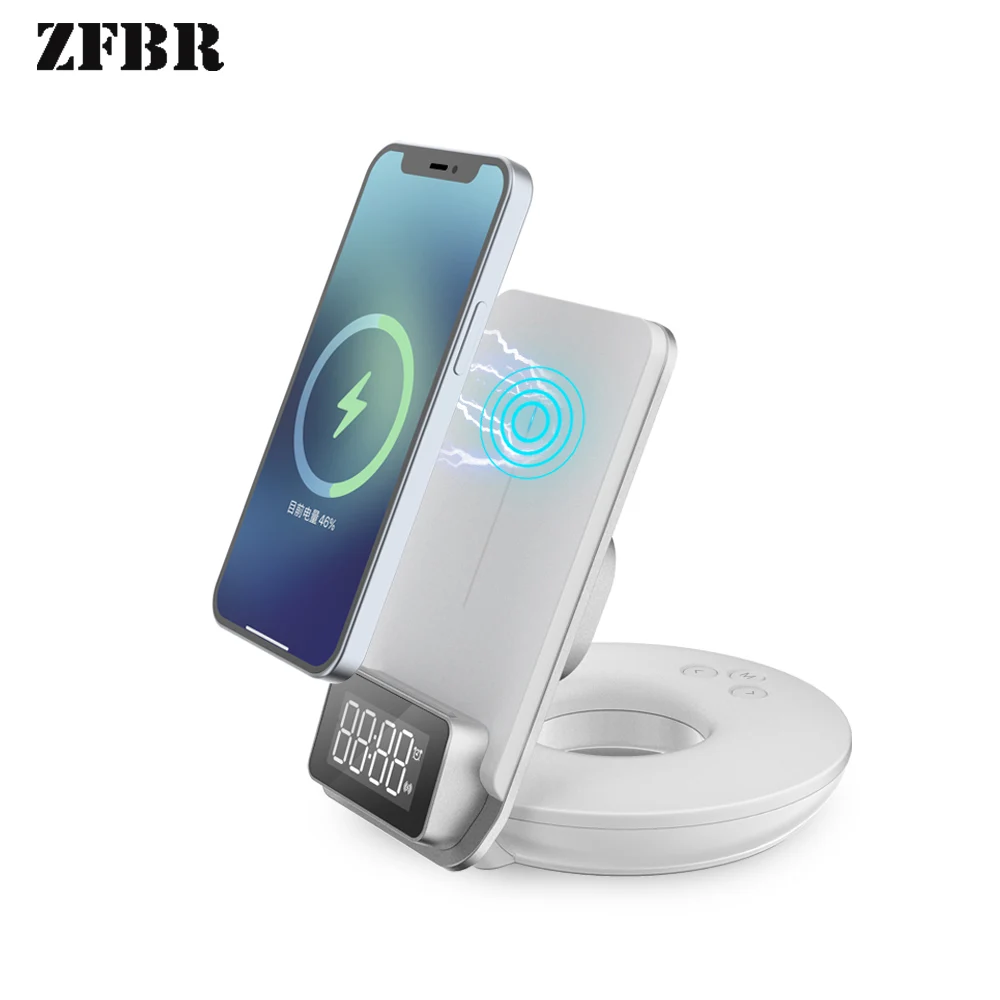 

15W Fast Charging 3 In 1 Wireless Charger Alarm Clock Night Light Smart Sense Auto Alignment Induction Charger Phone Holder
