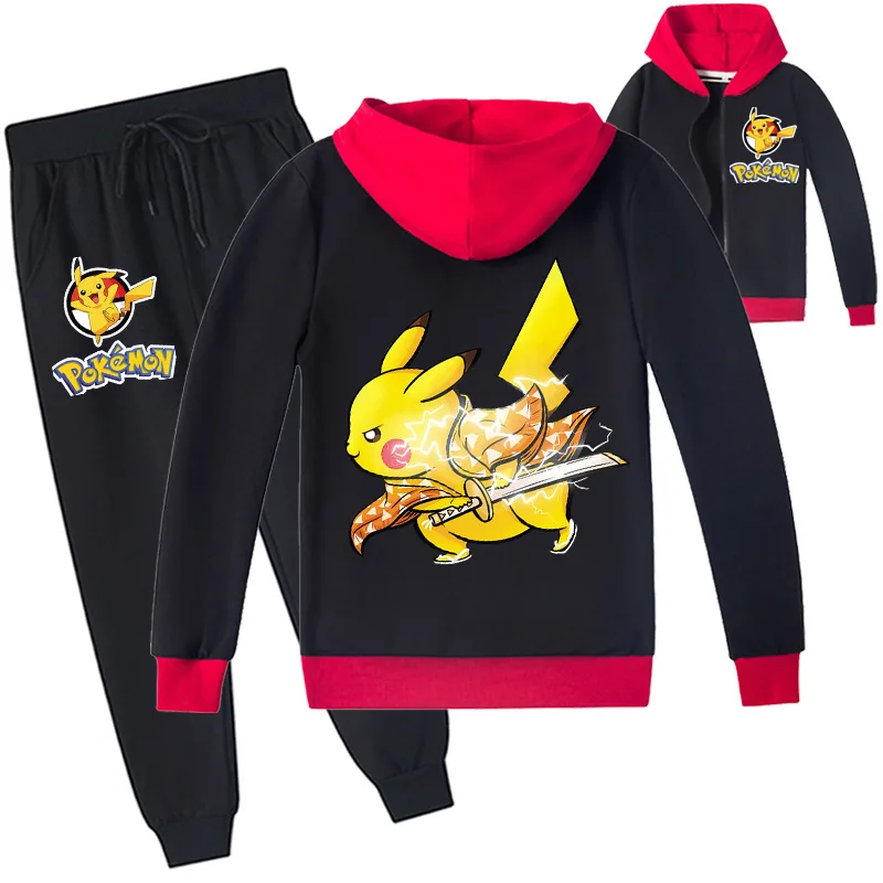

Pokemon Pikachu Boys' and Girls' Cartoon Print Spring and Autumn Sports Casual Zipper Shirt Pants Two-piece Set Kids Clothes