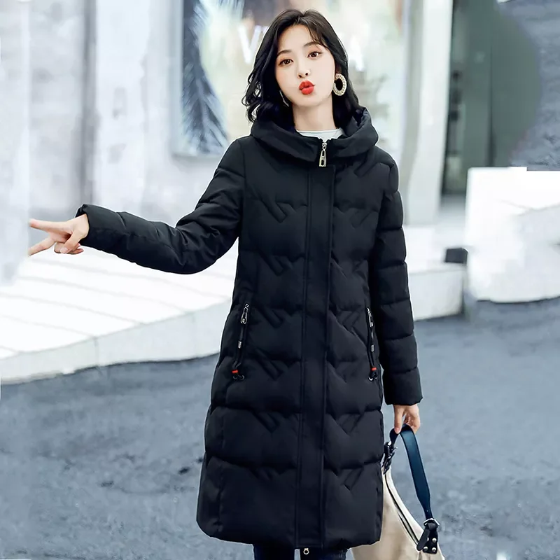 Long Winter Jackets Quilted Solid Hooded Ladies Zipper Down Coat Pockets Cotton Padded Slim Casual Outwear for Female