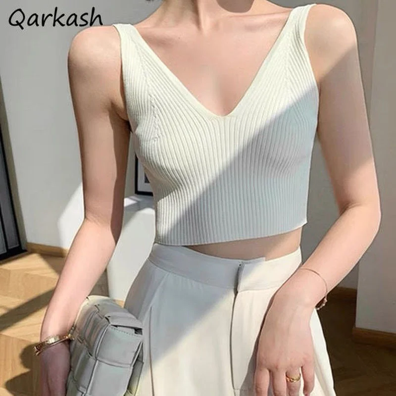 

Camis Women Backless Pure Tender Sleeveless V-neck Casual New Arrival Daily Feminino Crops Trendy Korean Style High Street Cozy