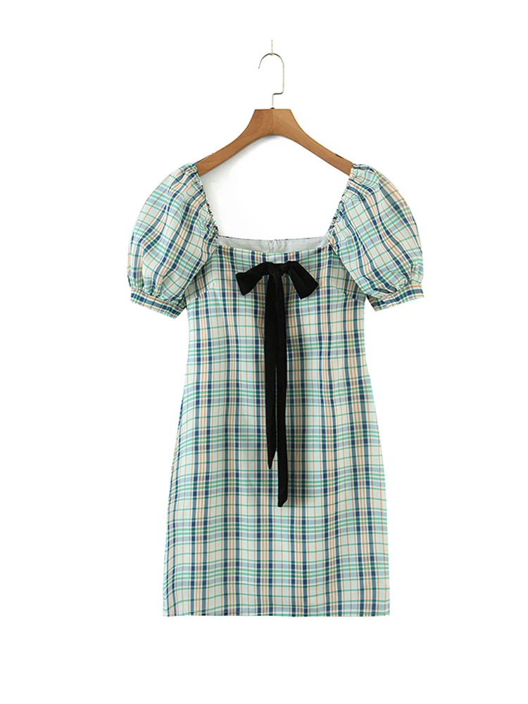 

Women Bow Square Collar Plaid Dress Summer Puff Sleeveless Backless Dress With Lining 2022 vestidos