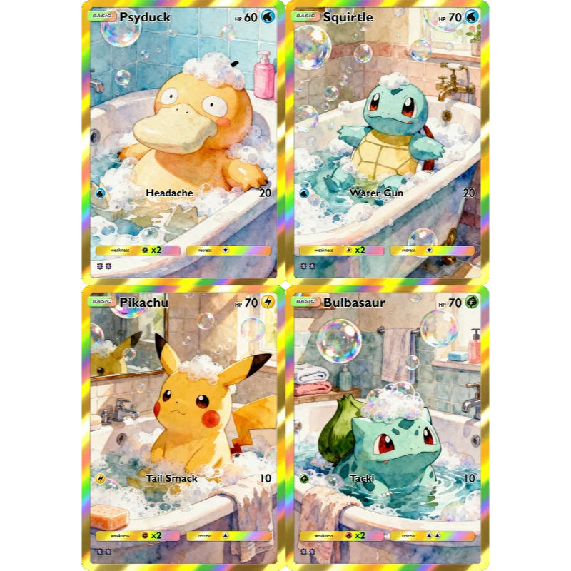 Фото Набор из 4 карт Pokemon: Бульбазавр, Пикачу, Сквиртл, Псайдак. Коллекционные карты PTCG, редкие голографические аниме-карты. Подарок для покемонов-фанатов. №1