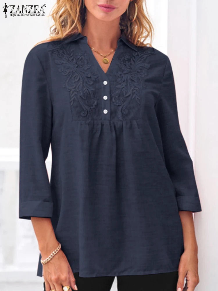 

ZANZEA Fashion OL Work Shirt Summer Floral Embroidery Blouse Female 3/4 Sleeve V-Neck Tunic Tops Woman Casual Holiday Chemise