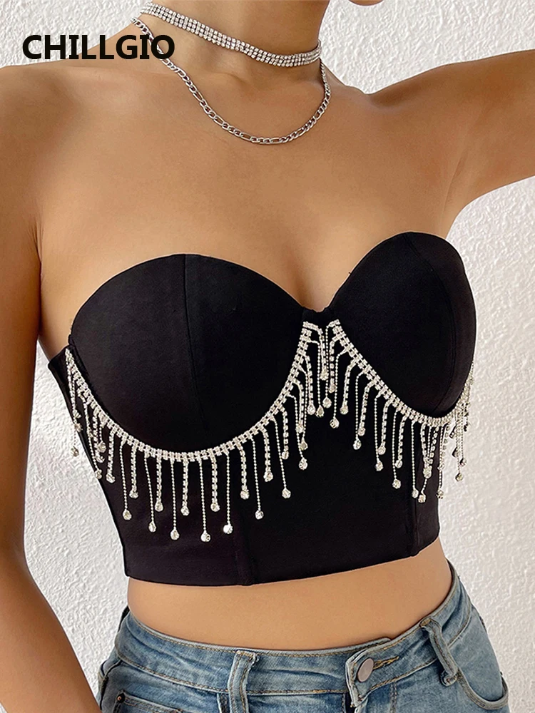 

Женские летние майки CHILLGIO со стразами и кисточками, модная уличная одежда, сексуальные Базовые укороченные топы с открытой спиной, облегающ...