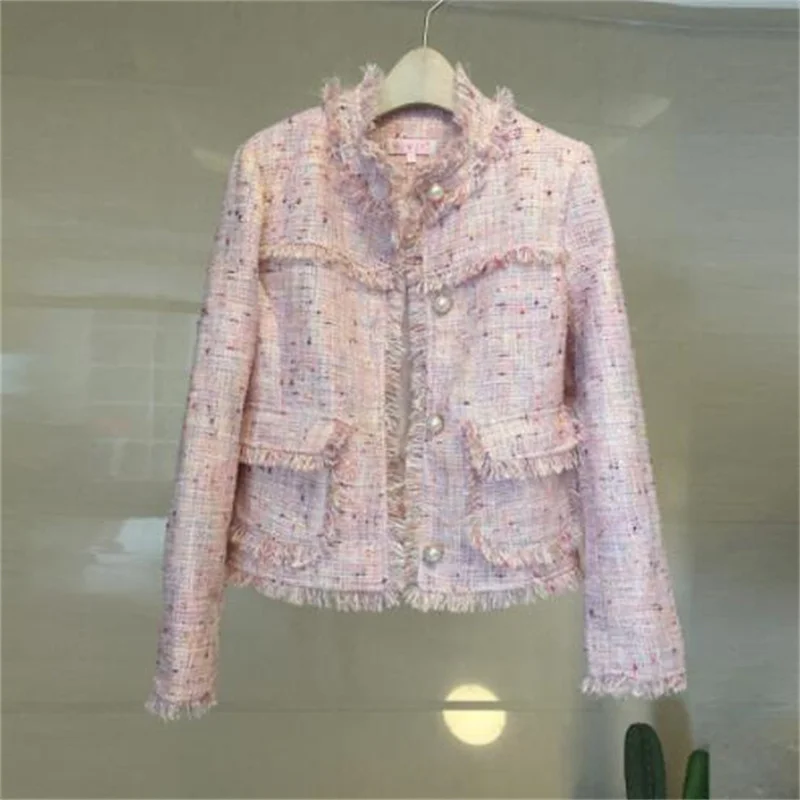 Spring jackets women's coats autumn new temperament ladies age reduction crayon pink tweed short clothes slimming