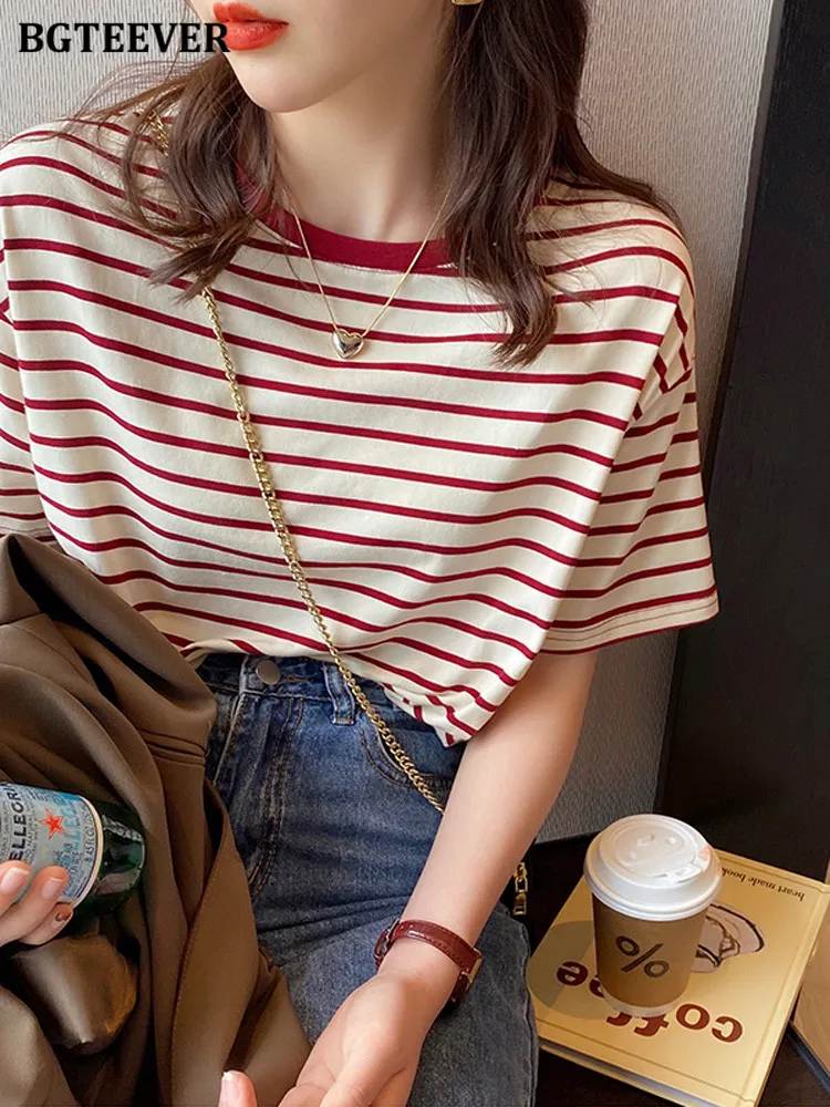 

BGTEEVER винтажные женские полосатые футболки с круглым вырезом с коротким рукавом Свободные женские пуловеры футболки повседневные женские х...