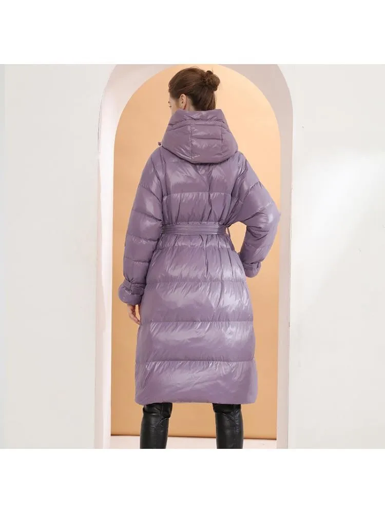 Europe Fashion Bright Face Long 90 White Duck Down Coats 2022 Winter Hooded Loose Lace Up Black Thicked Warmer Bread Jackets