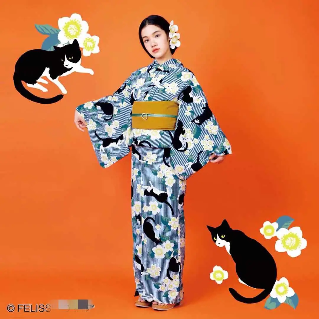 

Improved Girls Kimono Japanese Traditional Cat Flower Print Bathrobe Yukata Bow Belt Clogs Pajamas Robe Party Cosplay Costume