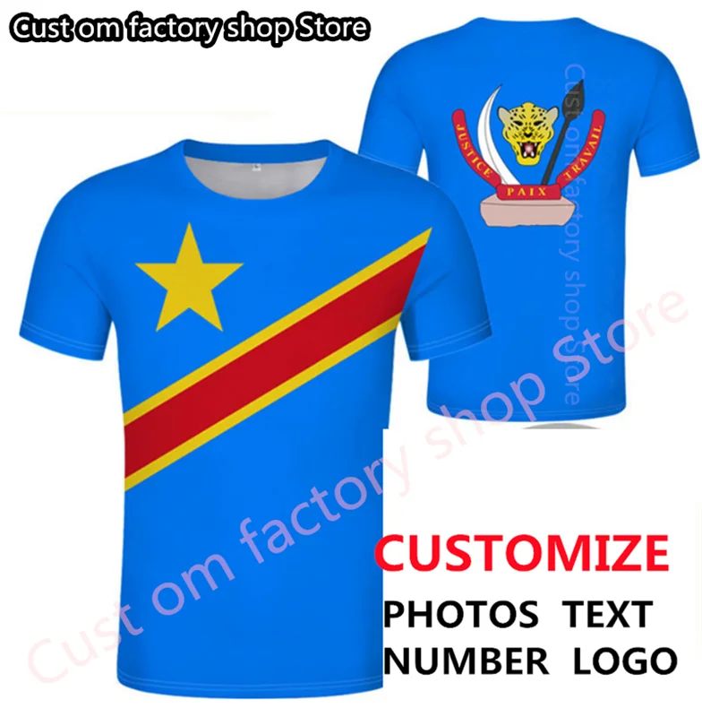 

DR Congo t shirt Summer Custom Men's Flag and National Emblem ZAR tshirts French Emblem Zaire Tee Shirts ZA Country Design Top