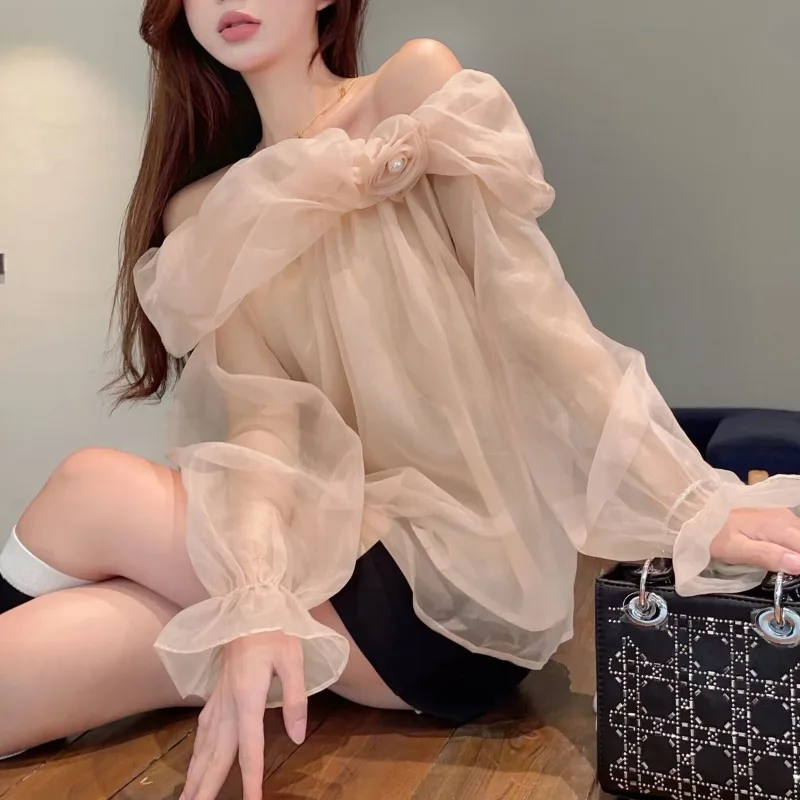 Blusas Mujer темпераментная рубашка на одно плечо с длинными рукавами милые шифоновые