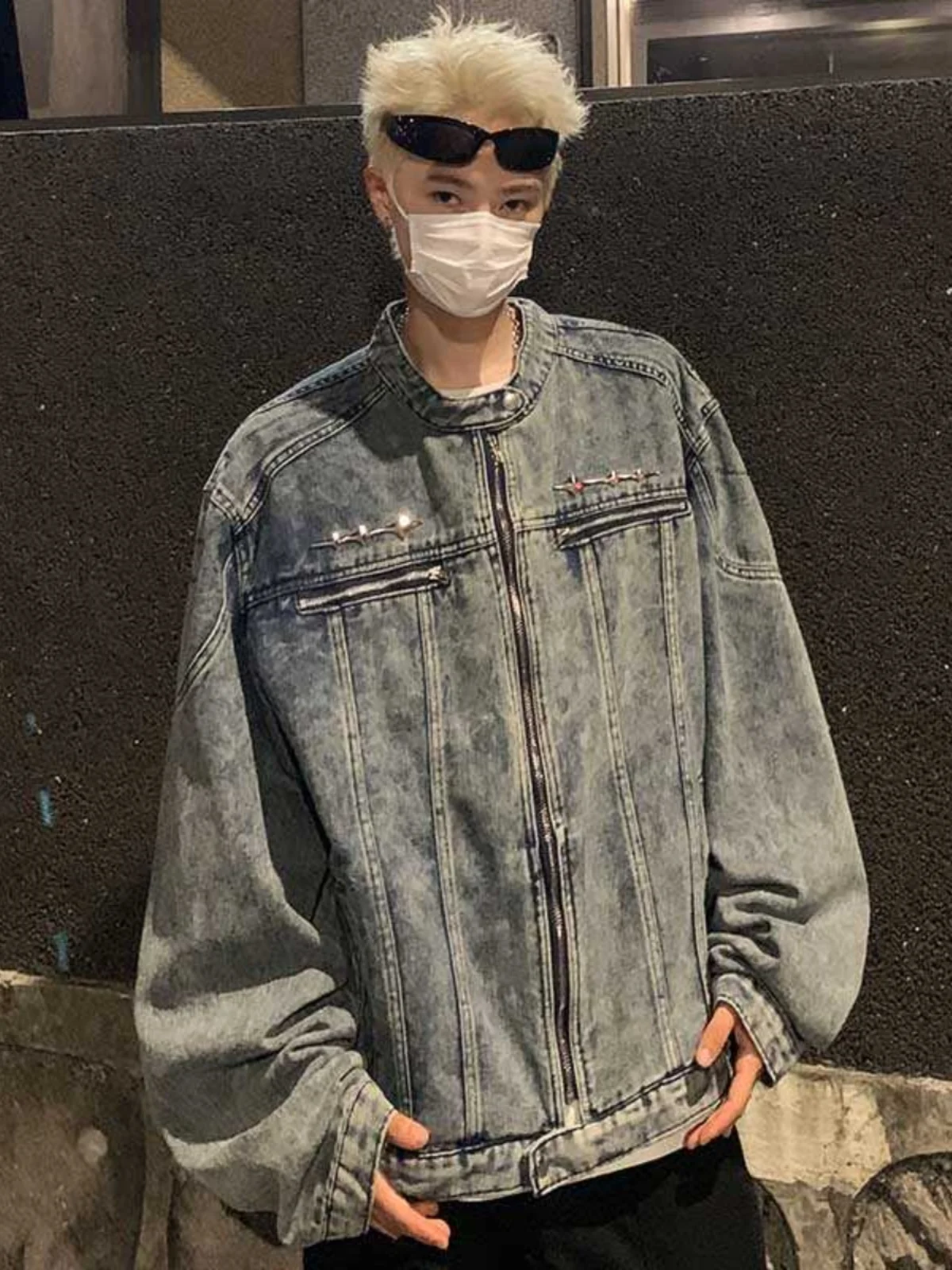 Весенне-осеннее джинсовое пальто на молнии с воротником-стойкой мужское