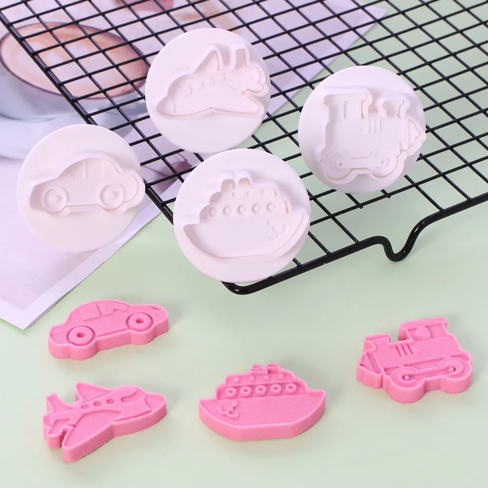 

DIY Baking Mold Fondant Cake Decoration Mold Ship Car Locomotive Aircraft Spring Pressing Mould 4 Pcs Biscuit Cookie Baking Tool