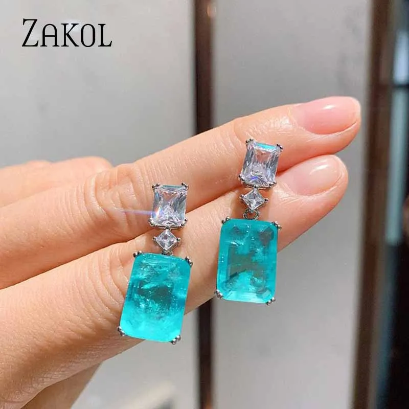 

ZAKOL Exquisite Retro Ocean Blue Geometric Square Cubic Zirconia Drop Earrings for Women Glamour Luxury Bridal Wedding Jewelry