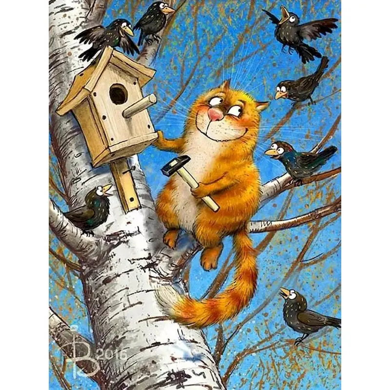 

GATYZTORY Interior Painting By Numbers Cat And Sparrow Handmade Diy Painting By Number Animal Painting Home Decor