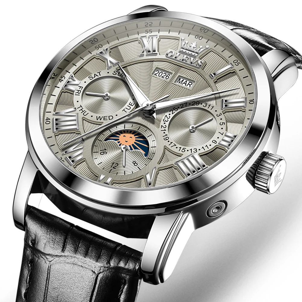Фото OLEVS Tourbillon Автоматические наручные часы с турбийоном, водонепроницаемые, многофункциональные, механические, мужские, кожаные, Relogio Masculino №1