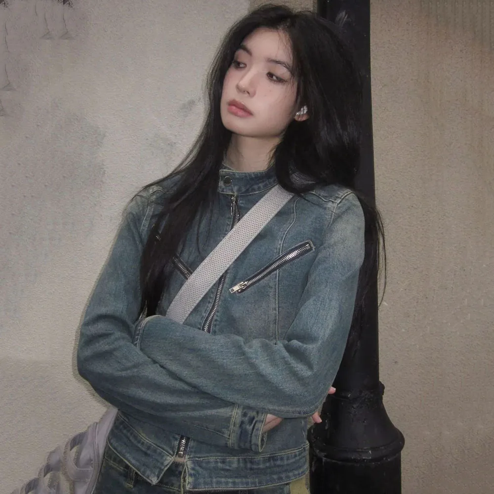 Осень 2024 уличная одежда джинсовые куртки женские Y2k сексуальные ретро стираные