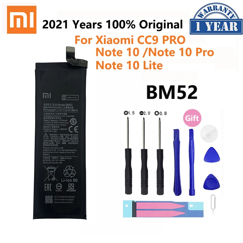 100% Оригинальный аккумулятор BM52 5260 мАч для телефона Xiaomi Mi Note 10 Lite / Pro CC9pro CC9 сменные