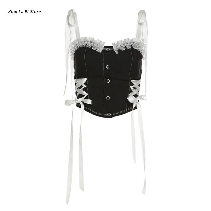 

XXFD Women Tie Shoulder Strap Square Neck Camisole Harajuku Ruffles Lace Trim Button Front Crisscross Bandage Slim Crop Top