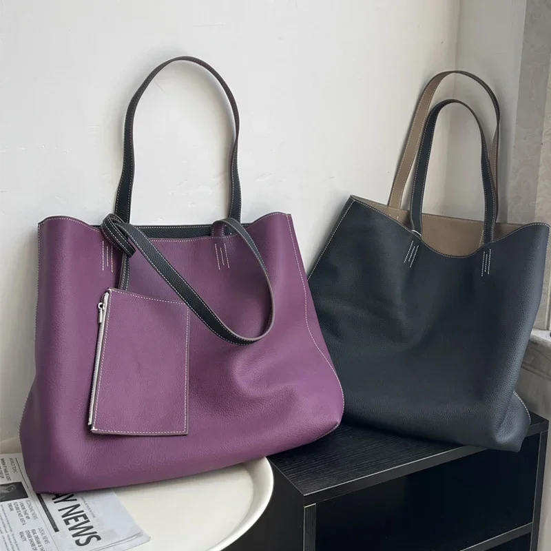 Вместительная сумка-тоут из мягкой кожи двухсторонняя сумочка воловьей сверху