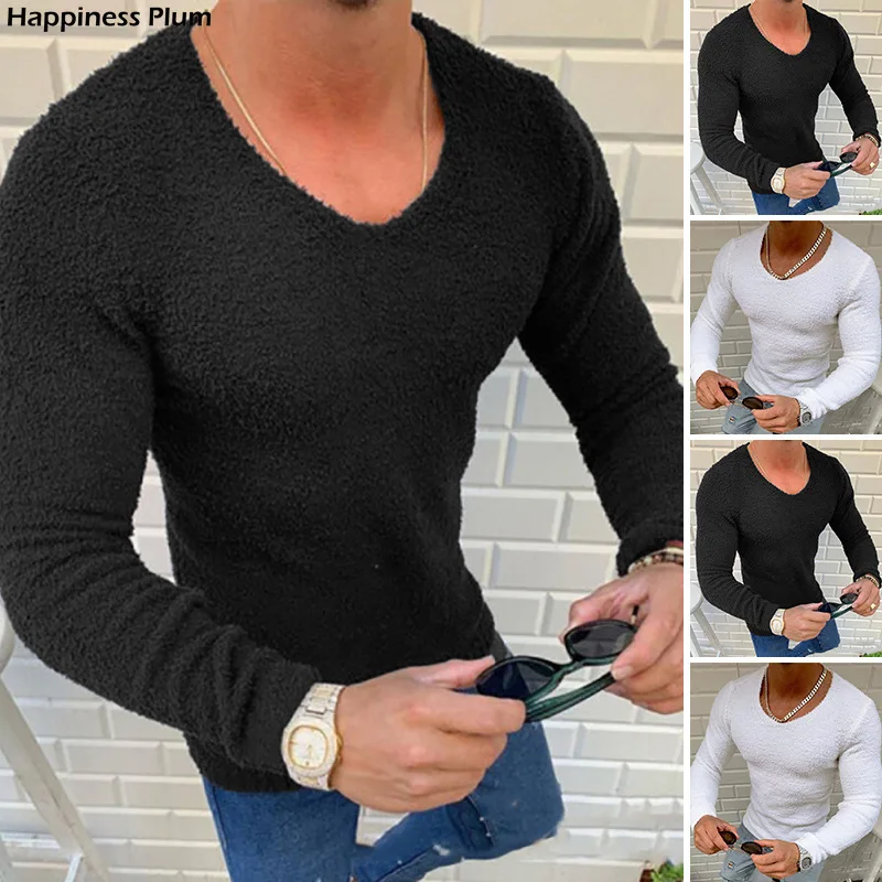 

Autumn Casual Long Sleeve V-Neck T-shirts Men Fashion Solid Knitted Tee 2021 Autumn Fashion Mens Fleece Tops Pullover Streetwear